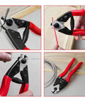 7.6 Inch Steel Wire Cutter One Hand Operation cutting wires, shown in various uses, including steel and electrical cables.