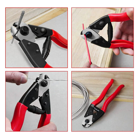 7.6 Inch Steel Wire Cutter One Hand Operation cutting wires, shown in various uses, including steel and electrical cables.
