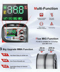 Display screen and controls of Three in One welding machine with MIG flux core, Lift TIG, and synergic MIG control features.