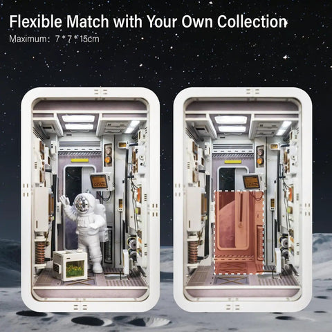 Space Capsule Book Nook Kit With LED Light, DIY Dollhouse Miniature Shelf Insert, astronaut in 3D wooden space-themed display