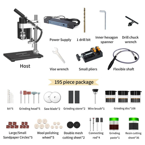 Portable Benchtop Drill Press With Rotating Flexible Shaft For DIY Wood Metal Plastic Projects Plus Drill Bit Clamp And B10 Chuck A Handy All In One Tool For Drilling Polishing Grinding And Light Milling At Home shown with 195-piece package including power supply, drill bits, and accessories.