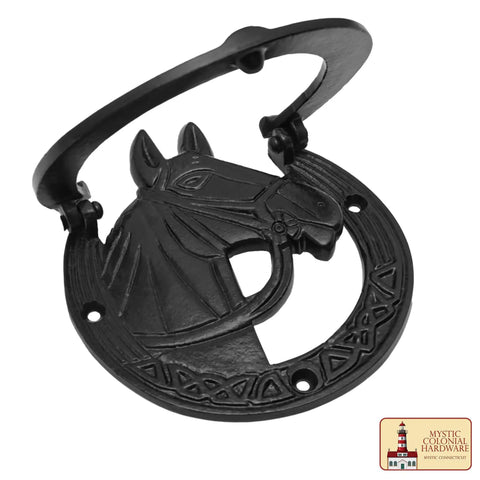 Antique Horse Head Door Knocker in Cast Iron with Rustic Horseshoe Accent for Front Door, Barn, Farmhouse or Garden Gate