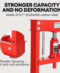 Close-up of 12 Ton Hydraulic Shop Press With Movable Press Plates H-Frame showing red frame and powder spraying details.
