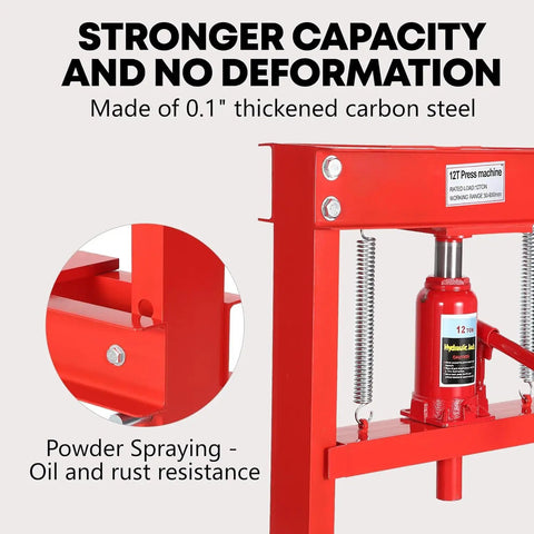 Close-up of 12 Ton Hydraulic Shop Press With Movable Press Plates H-Frame showing red frame and powder spraying details.