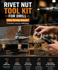 Drill Powered Rivet Nut Kit M3 To M8 Threaded Insert Tool Set For Automotive Repairs DIY Projects And Metal Fabrication Durable Steel Construction For Fast Secure Installations In Aluminum And Steel Panels, drill use