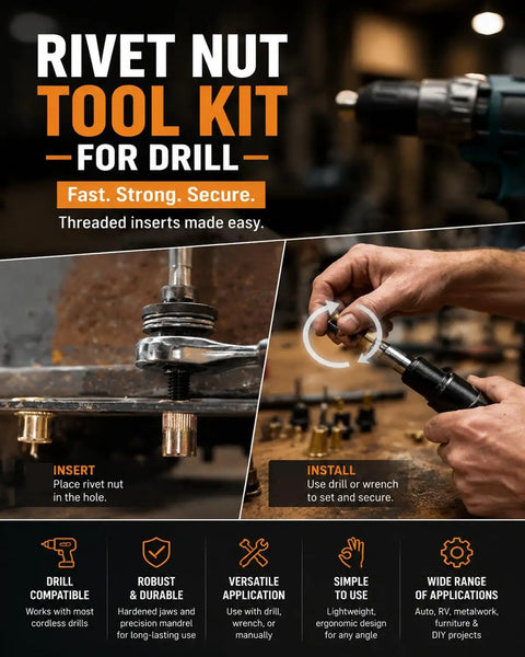 Drill Powered Rivet Nut Kit M3 To M8 Threaded Insert Tool Set For Automotive Repairs DIY Projects And Metal Fabrication Durable Steel Construction For Fast Secure Installations In Aluminum And Steel Panels, drill use