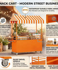 Dead On Mobile Food Cart With Retro Striped Awning And Slick Rolling Wheels For Street Vendors Portable snack stand featuring a durable orange metal frame.