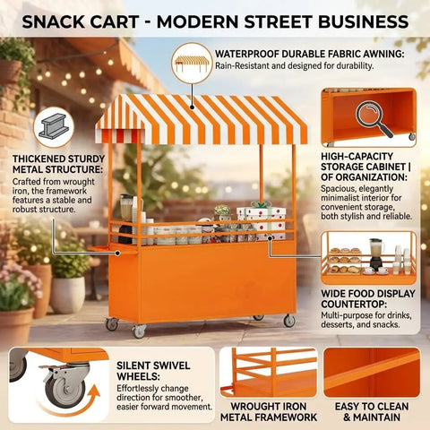 Dead On Mobile Food Cart With Retro Striped Awning And Slick Rolling Wheels For Street Vendors Portable snack stand featuring a durable orange metal frame.