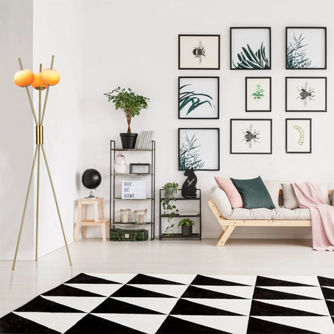 Modern living room with Three Light Floor Lamp With Gold Plated Tripod Stand Modern Amber Glass Lampshade 28W Flexible Cozy Glow Light