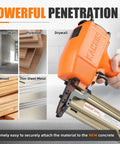 14 Gauge Pneumatic Concrete T Nailer With 400 Pcs 3/4 Inch T Nails, Die Cast Aluminum Body, shown with materials