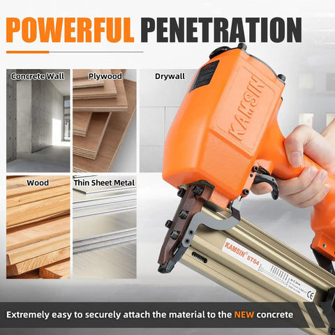 14 Gauge Pneumatic Concrete T Nailer With 400 Pcs 3/4 Inch T Nails, Die Cast Aluminum Body, shown with materials
