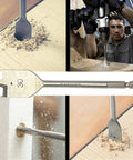 Heavy Duty Spade Drill Bit Set For Woodworking With High Carbon Steel Paddle Bits And Quick Change Hex Shank in use and close-up