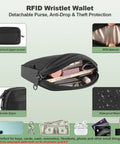 RFID wristlet wallet showing compartments for keys, cards, cosmetics; features detachable strap, anti-theft protection.