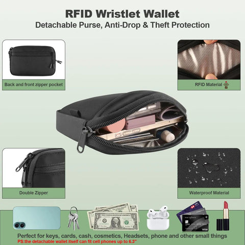 RFID wristlet wallet showing compartments for keys, cards, cosmetics; features detachable strap, anti-theft protection.