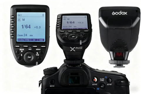 Sony TTL Wireless Flash Transmitter With XPro-S Upgrade, large LCD screen and slanted design, mounted on camera, front view.