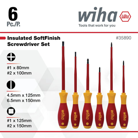 Insulated Slotted Phillips And Square Screwdriver Set 6 Piece With Soft Finish Cushioned Grip Handle in various sizes