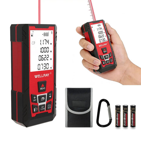 150M Laser Distance Meter With 492 Ft Range, 1/25 Inch Accuracy, IP54 Rating, Long Battery Life With About 8000 Measurements Per Battery Change, Multi Mode Distance, Area And Volume, Perfect For Architects Builders And DIY Pros., handheld laser meter with case, carabiner and batteries