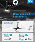 Heavy Duty 100 Inch Outdoor Ceiling Fan With Light Double Layer Six Black Aluminum Blades High Cfm Low Rpm Industrial Patio Beast Solid Kickin Airflow For Backyard Decks shown with dimension details.