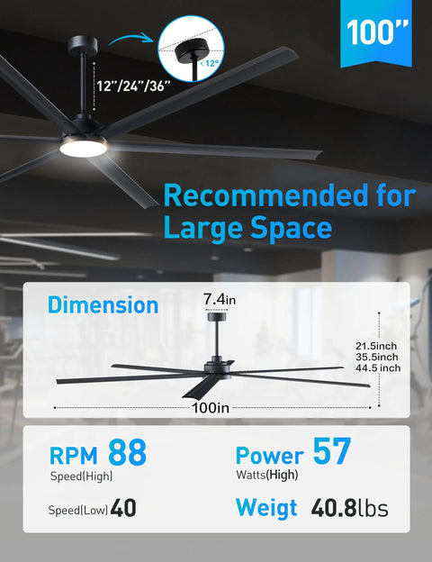 Heavy Duty 100 Inch Outdoor Ceiling Fan With Light Double Layer Six Black Aluminum Blades High Cfm Low Rpm Industrial Patio Beast Solid Kickin Airflow For Backyard Decks shown with dimension details.