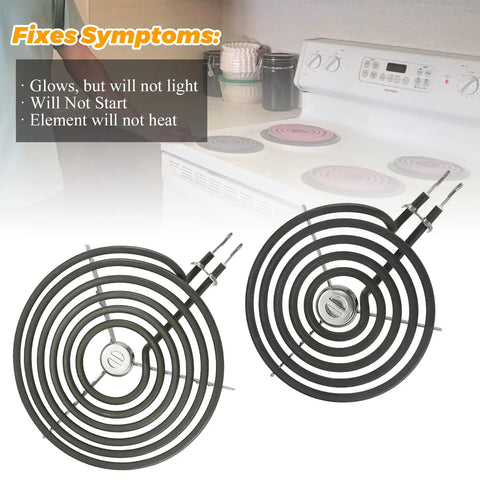 Electric Stove Burner Replacement Kit With Two 6 Inch ERS30M1 Burners And Two 8 Inch ERS30M2 Elements For GE Hotpoint Kenmore Electric Ranges 240V And 208V 1350W And 1765W-2350W High Temperature Burner Coil shown with stove and features list