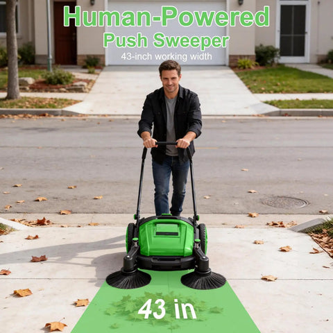 Grab A No Hook Walk-Behind Floor Sweeper With Fourty Two Sweep Width And 15 Gallon Hopper Capacity Perfect For Clearing Warehouses And Driveways Fast Without Needing Any Power Electricity Gasoline Or Batteries Just Push And Go To Keep Your Space Super