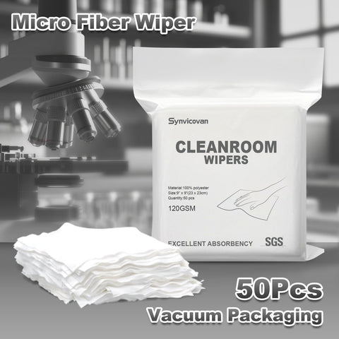 Ultra Soft 9x9 Cleanroom Wipes 50 Count 100 Polyester Microfiber Class 100 120 GSM Double Knit Lint Free Cloths packaging