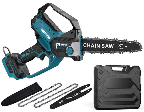 8 Inch Cordless Pruning Chainsaw With Auto Oiler, Brushless 800W Motor, battery powered, 18V Compatible, accessories included