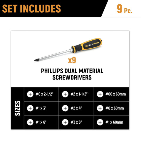 Image showing 9 Piece Phillips Screwdriver Set With Dual Material Handles In A Foam Storage Tray, size specifications listed.