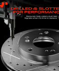 Heavy Duty Rear Drilled And Slotted Brake Rotors Deliver Top Shelf Stopping Power With Straight Up Bolt On Fit For Chevy Tahoe Silverado Suburban Avalanche And Cadillac Escalade close-up showing drilled holes and slotted surface.