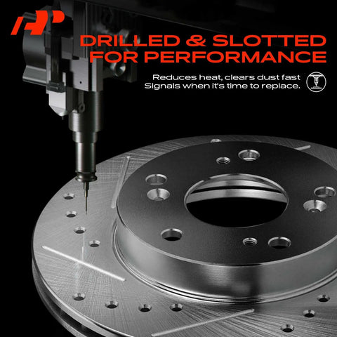Heavy Duty Rear Drilled And Slotted Brake Rotors Deliver Top Shelf Stopping Power With Straight Up Bolt On Fit For Chevy Tahoe Silverado Suburban Avalanche And Cadillac Escalade close-up showing drilled holes and slotted surface.