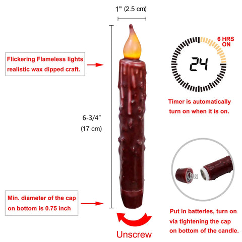 Real Wax Hand Dipped Battery Operated LED Taper Candles Burgundy Six And Three Quarters Inch Flameless Rustic Primitive Decor Six Pack
