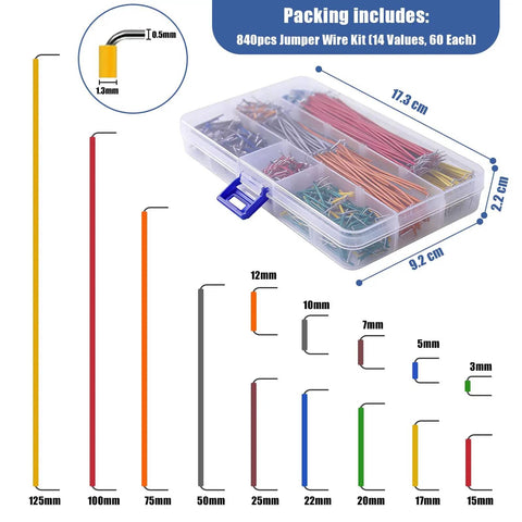 840 Piece Jumper Wire Kit with storage box, showcasing 14 lengths of color-coded wires for prototyping and breadboards.
