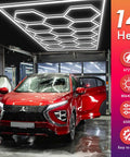 Hexagon LED Garage Lights Honeycomb Grid Panels 672W 80640LM 6500K Beastly Bright with car underneath in garage
