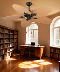 52-Inch Tropical Palm Leaf Ceiling Fan (No Light) with 5 Hand-Woven Rattan Blades in a cozy indoor study.