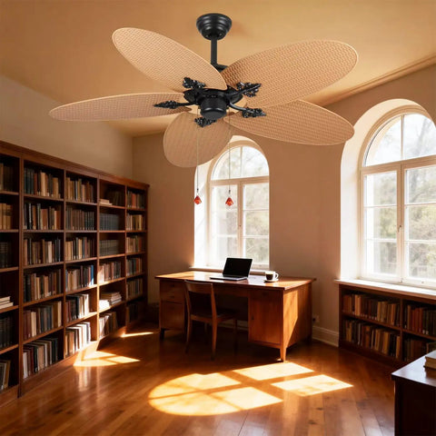 52-Inch Tropical Palm Leaf Ceiling Fan (No Light) with 5 Hand-Woven Rattan Blades in a cozy indoor study.