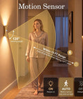 2 Pack Rechargeable Wall Sconces with Motion Sensor and Magnetic Mount illuminating a hallway, featuring a 120-degree sensing angle.