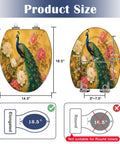 Elongated Peacock Flowing Tail Feathers Peonies Vintage Golden Toilet Seat dimensions with size measurements on a yellow background.