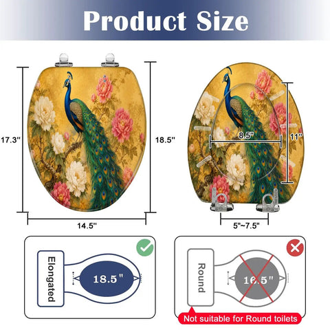 Elongated Peacock Flowing Tail Feathers Peonies Vintage Golden Toilet Seat dimensions with size measurements on a yellow background.