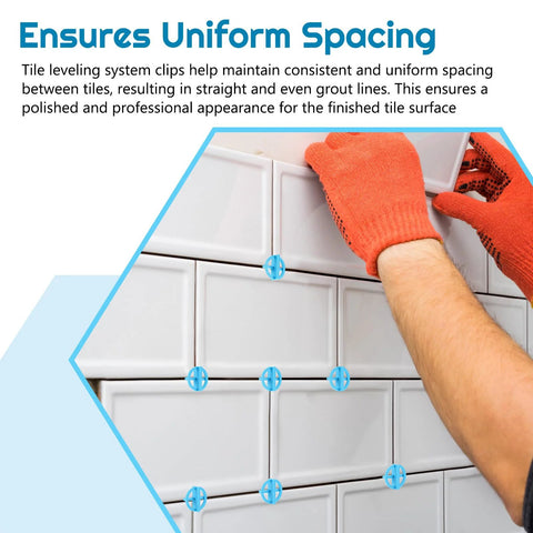 Blue plastic tile spacers on white ceramic wall tiles during installation (front view)