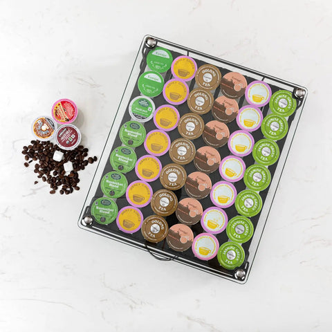 K Cup Holder Drawer With Crystal Tempered Glass Top, Heavy Duty Metal Coffee Pod Organizer Holding 42 K Cups