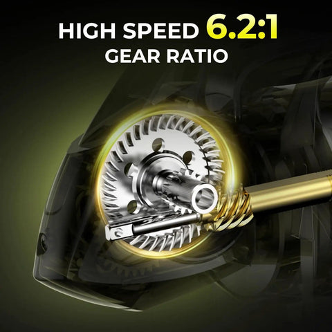 Sharky X Spinning Reel With Six Point Two To One Gear Ratio And Carbon Fiber Drag 33 Lb internal gear mechanism close-up