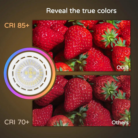 Dimmable MR16 LED Bulbs With GU5.3 Bi-Pin Base, 2700K Soft White, UL Listed, showing color difference at CRI 85+ on strawberries.