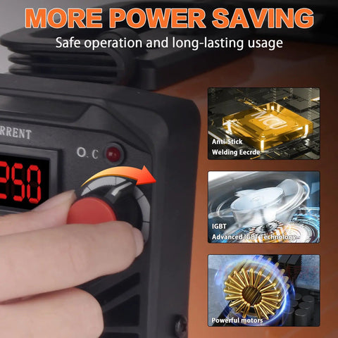 Close-up of Mini Stick Welder 110V 250A Portable MMA Welding Machine For Beginners with hot start arc force and anti stick features.