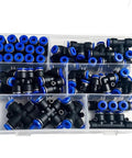 Huge 51 Piece Pneumatic Connector Kit With Quick Push Fit Fittings For 6mm OD Tubing That Lets You Connect Instantly No Tools Needed And Ensure Sealing Is Tight For All Your Air Line Projects, assorted connectors in case