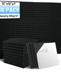 Thirty Six Pack Black Pyramid Acoustic Foam Panels 12 By 12 By 1 Inch with heavy duty adhesive backing for soundproofing.