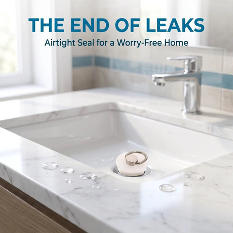White Round Drain Stopper for Bathtubs and Kitchen Sinks in a modern sink with water droplets on marble surface.