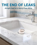 White Drain Stopper with Stainless Steel Ring for Bathtubs in a marble sink with water droplets, providing a leakproof seal.