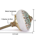 Killer Vintage Ceramic Dresser Knobs Pack Of 6 Assorted Green Drawer Pulls With Hand Painted Floral Designs And Gold Accents For Kitchen Cabinets Bedroom Decor Vibes side view showing metal backplate and dimensions, 2.5 inches wide by 1.7 inches tall.