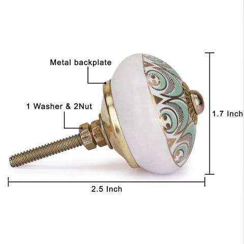 Killer Vintage Ceramic Dresser Knobs Pack Of 6 Assorted Green Drawer Pulls With Hand Painted Floral Designs And Gold Accents For Kitchen Cabinets Bedroom Decor Vibes side view showing metal backplate and dimensions, 2.5 inches wide by 1.7 inches tall.