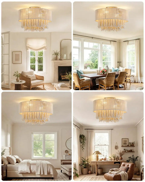 XINGSIYUELYX Ceiling Fan with Light in a modern living room and bedroom, featuring a gold ceiling design and stylish lighting.